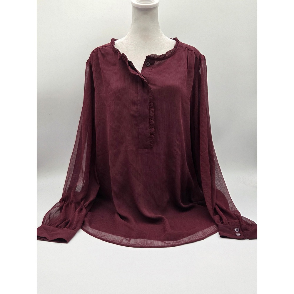 Lane Bryant Size 18 Burgundy Sheer Long Sleeve Ruffle Blouse 101-874